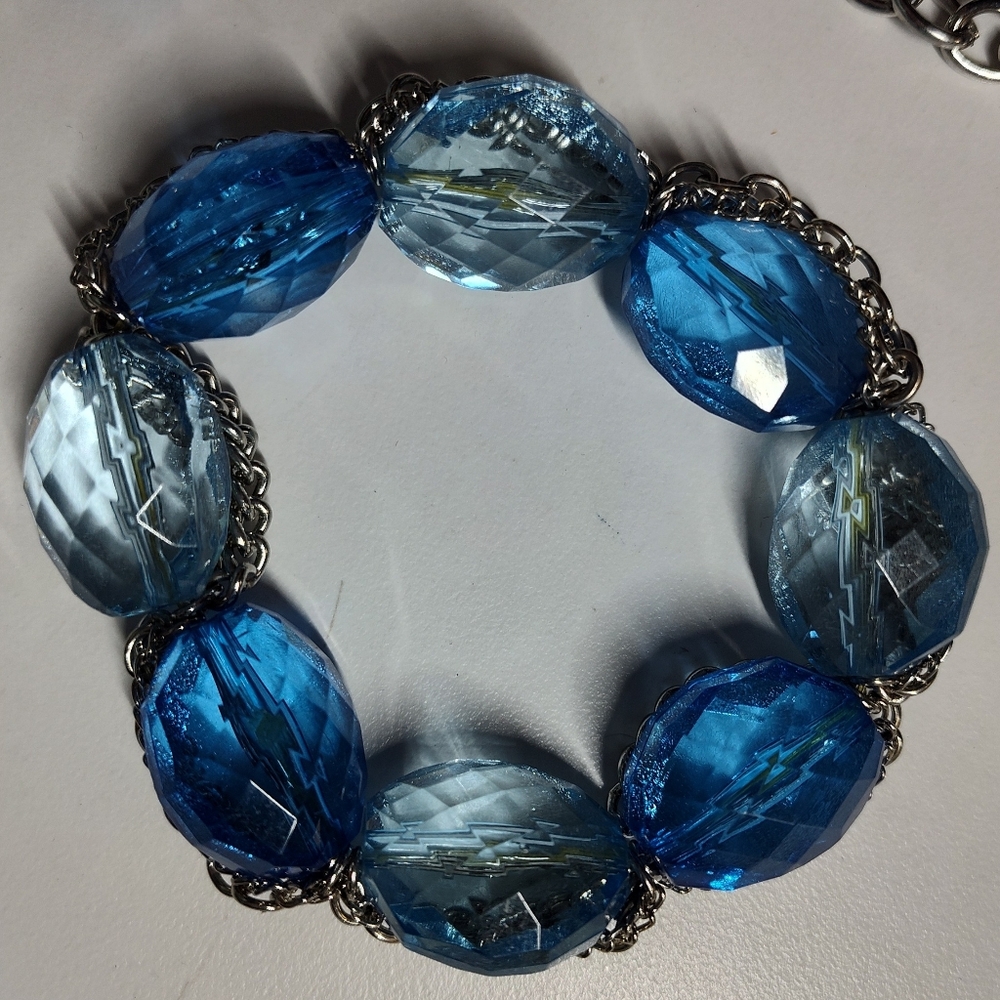 Blue Faceted Bead Stretch Bracelet - And Necklace Unbranded